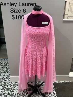 Ashley Lauren Pink Lace Fit-and-Flare Dress with Cape